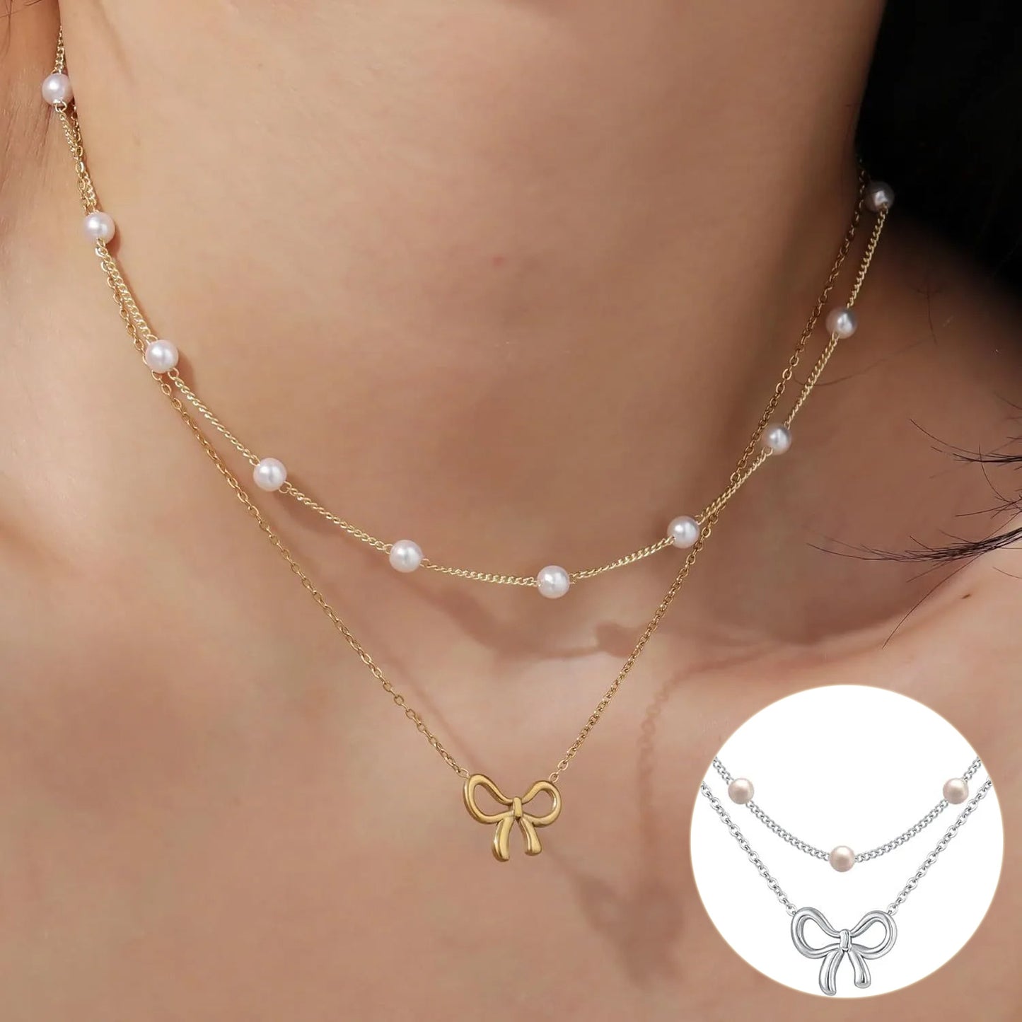 Double-Layer Pearl Bow Necklace